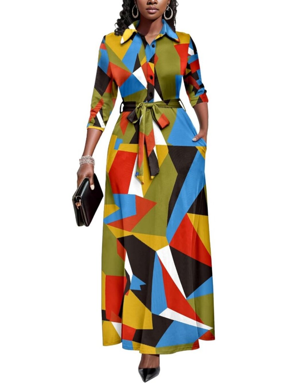 Chic 3/4 Sleeve Maxi Dress with Pockets | Stylish Button Down Church Dress